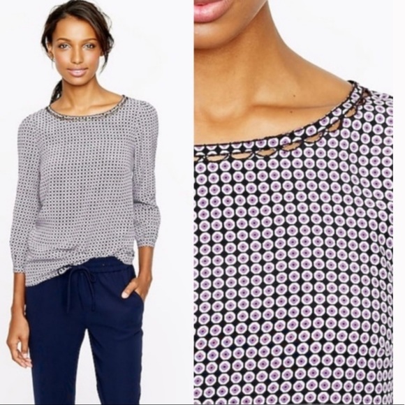 J.crew scalloped cutout silk top octagonal dot NWT Size 2